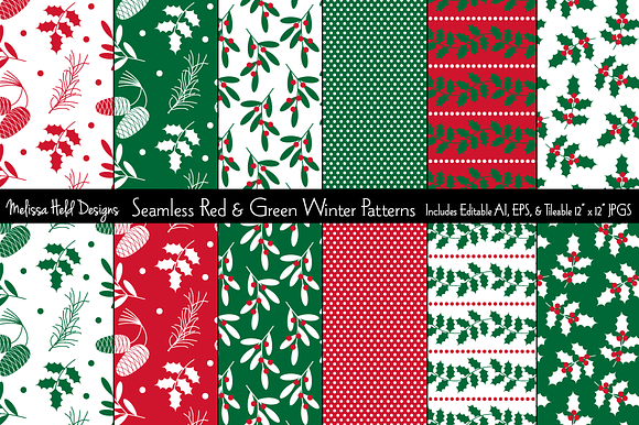 Seamless Red & Green Winter Patterns preview 7