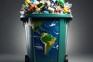 Garbage bin overflowing with plastic and Earth image, a Nature Photo by GoodGoods