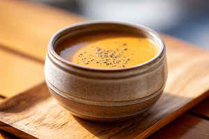 Creamy pumpkin soup sprinkled with, a Food & Drink Photo by MistyDay