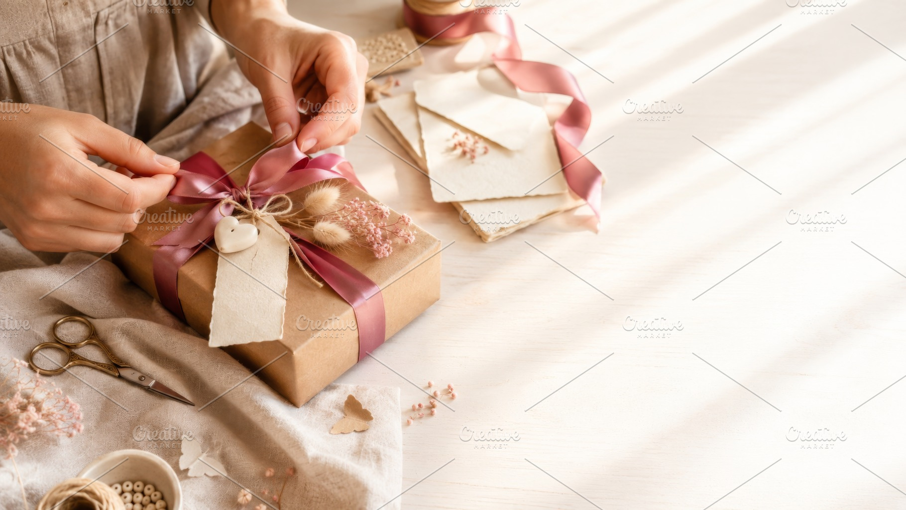 Handmade gifting scene with hands ty, a Photo by Dvoevnore photos