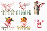 Funny Pig on Fence Clipart, an Illustration by Watercolor design (Thumbnail 4 of 12)