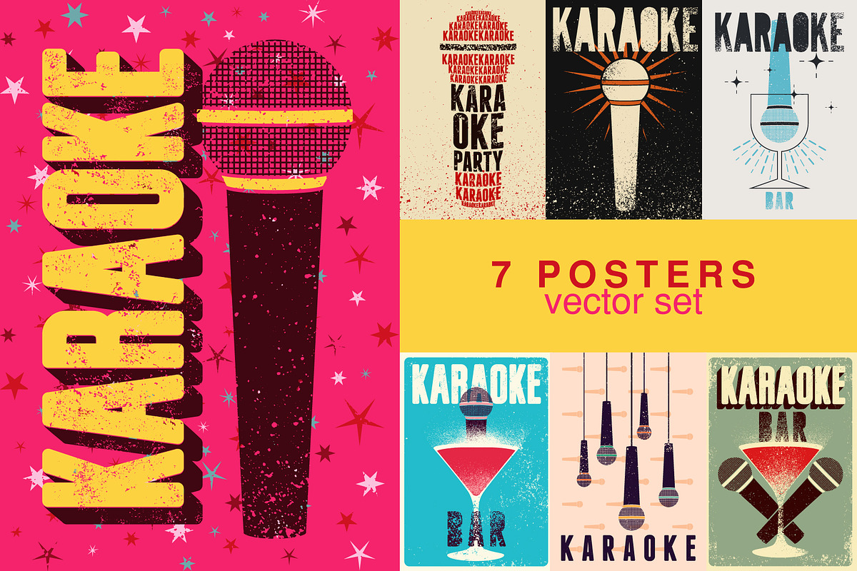 Karaoke grunge vector poster set., an Object Illustration by PoPaShop (Photo 1 of 8)