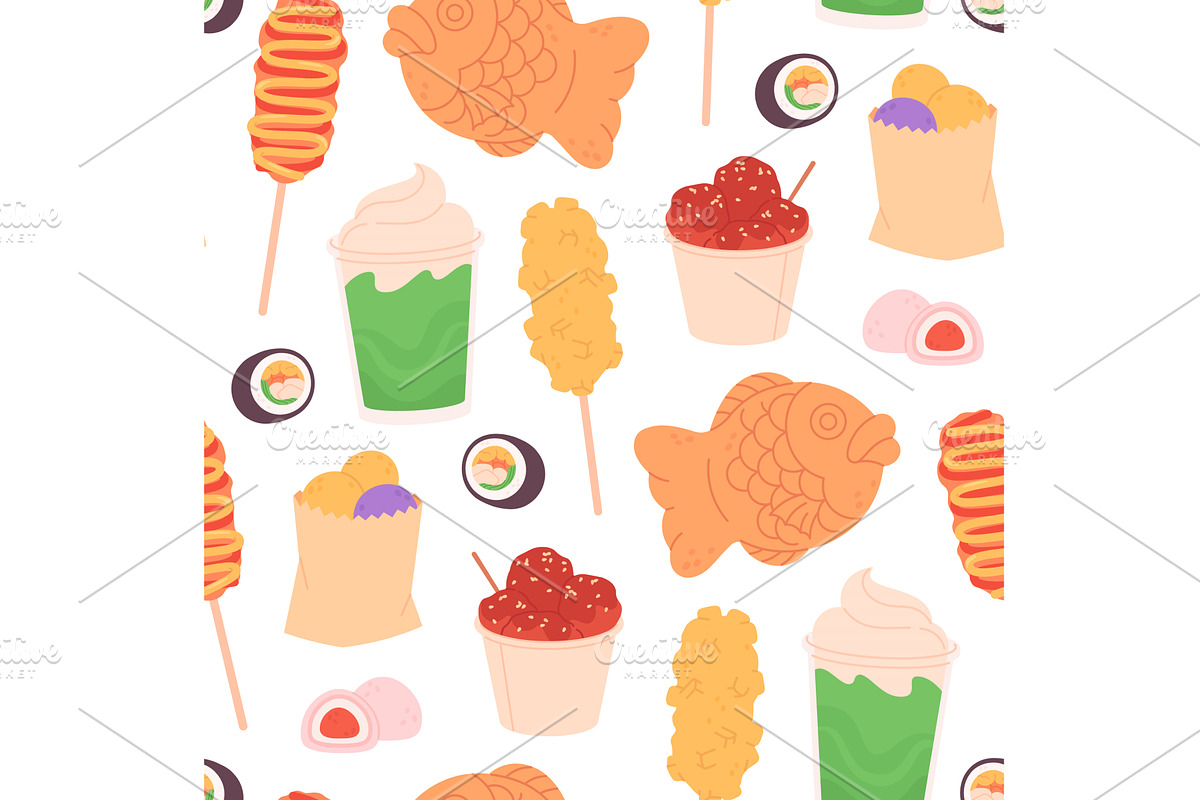 Asian food seamless pattern, a Food Illustration by LadadikArt