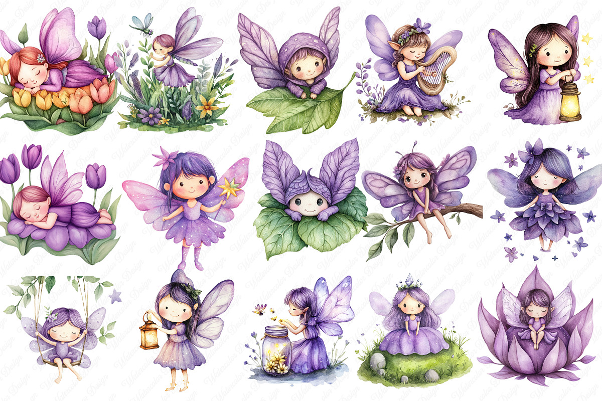 Watercolor Magical Garden Purple png, an Illustration by Watercolor design (Photo 2 of 13)