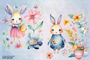 Cute Bunny With Flowers Watercolor