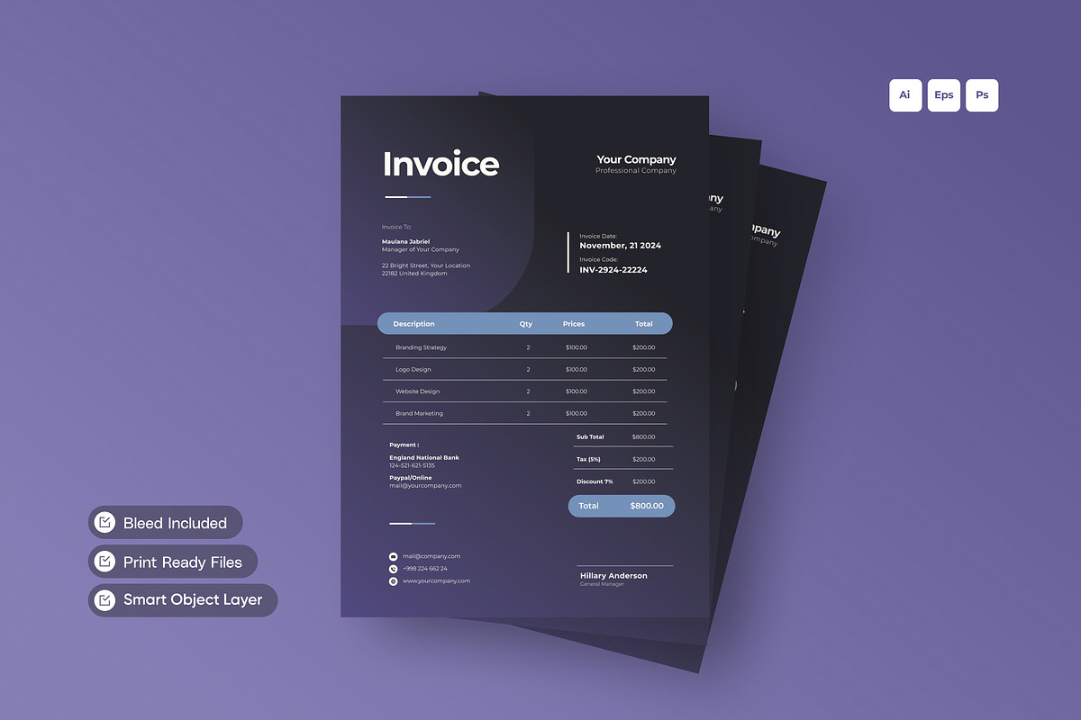 Purple-Gradient invoice, a Resume Template by Izdihaar_Studio (Photo 1 of 4)