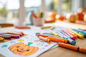 Creative autumn activity with colorful markers and drawings of pumpkins on a co, a Holiday Photo by AlyaAnd
