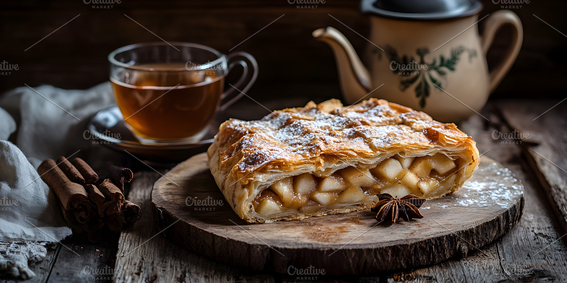 Apple strudel with cinnamon and cup, a Food & Drink Photo by Photostock
