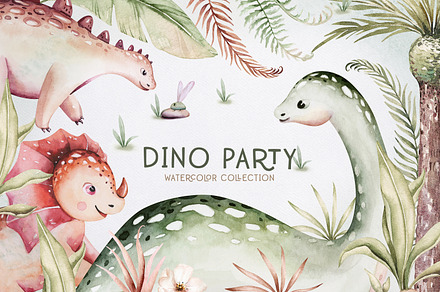 Dino Party watercolor set, an Animal Illustration by Peace ART