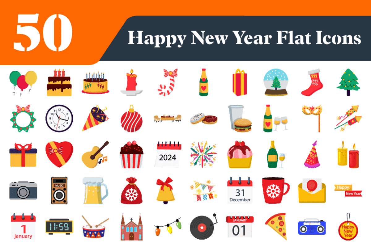 Happy New Year Flat Icons Bundle, an Outline Icon by EllaMaiyaali (Photo 1 of 3)
