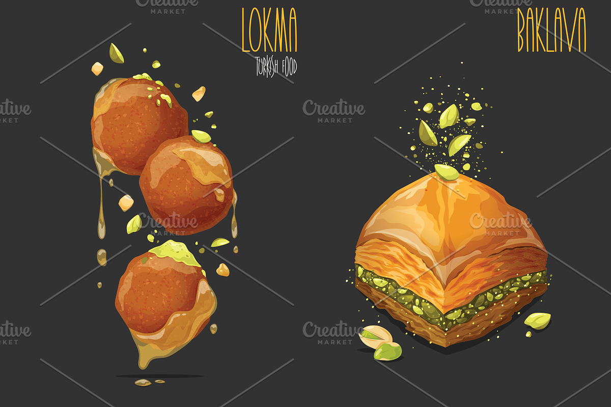 Lokma and Baklava. Vector, a Food Illustration by AKOMIX (Photo 1 of 2)