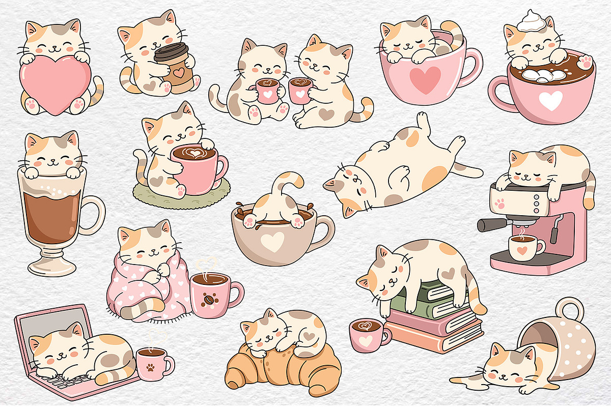 Cats & Coffee Stickers Clipart, a Food Illustration by Watercolor dreams (Photo 3 of 4)