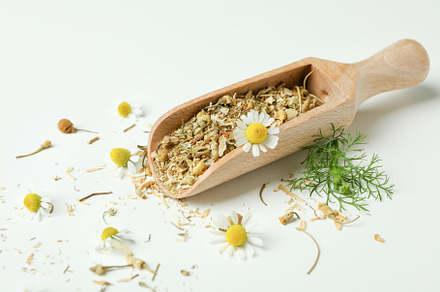 Scoop with dried chamomile on white background, a Food & Drink Photo by AtlasStudio