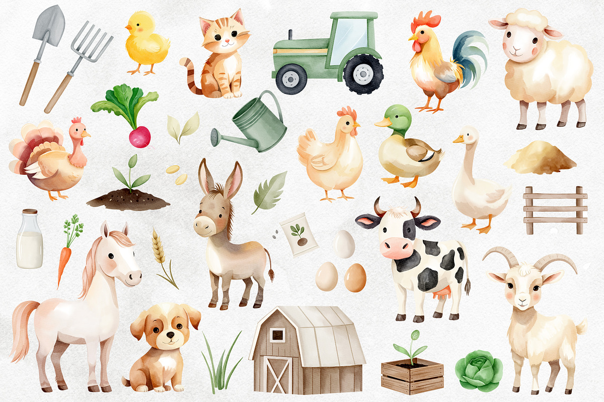 Watercolor Farm Clipart. 34 Elements, an Animal Illustration by Hanna's ArtLab (Photo 2 of 6)