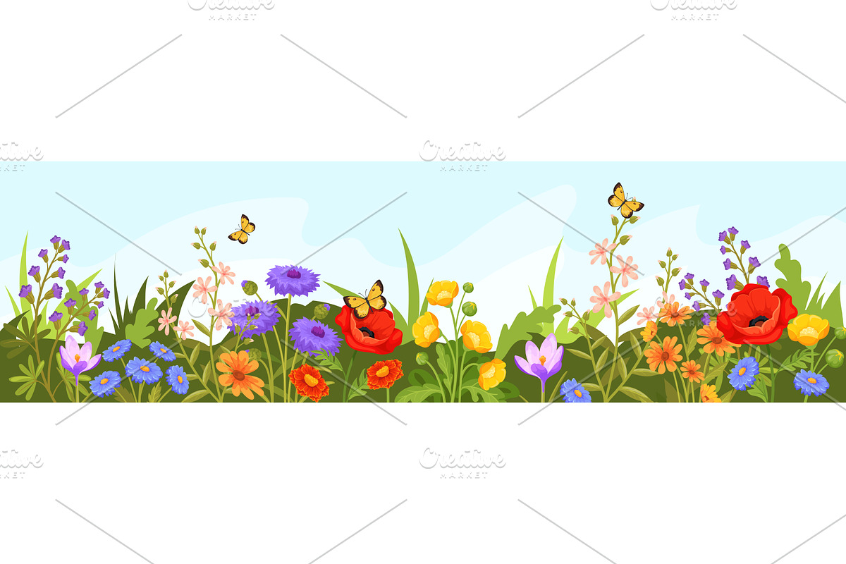Wildflowers grass border. Cartoon, an Object Illustration by Stock-Smart-Start
