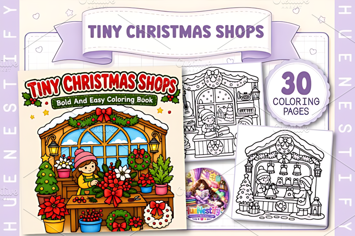 Tiny Christmas Shops Coloring Book, a Seasonal Illustration by Design Station (Photo 1 of 3)