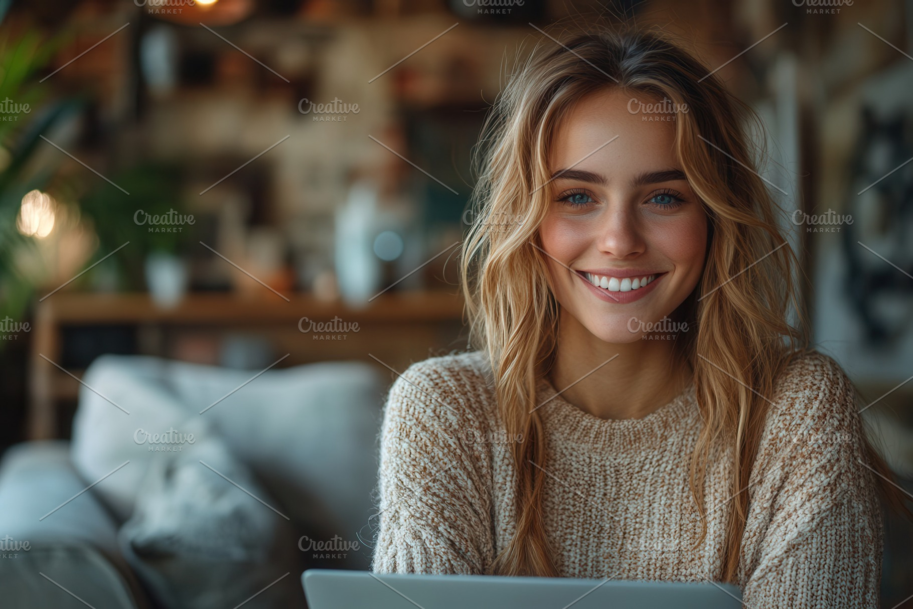 Smiling young woman with laptop enjo, a Photo by Tanuart