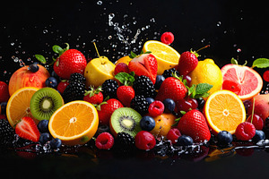 Assorted fruits floating dynamically against black background, a Food & Drink Photo by GoodGoods