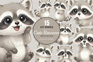 15 Bundle Watercolor Cute Raccoon, an Animal Illustration by Morspective