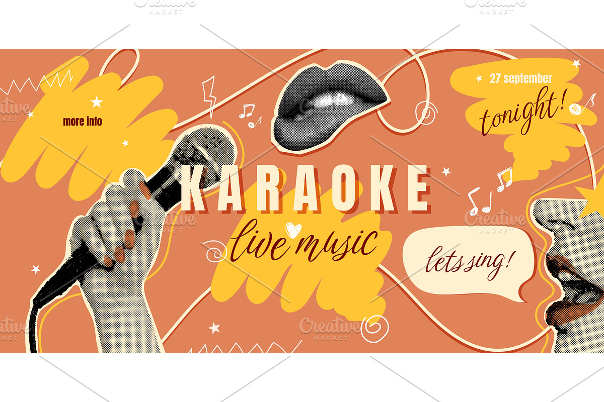 Karaoke collage banner. Microphone, an Illustration by Stock-Smart-Start