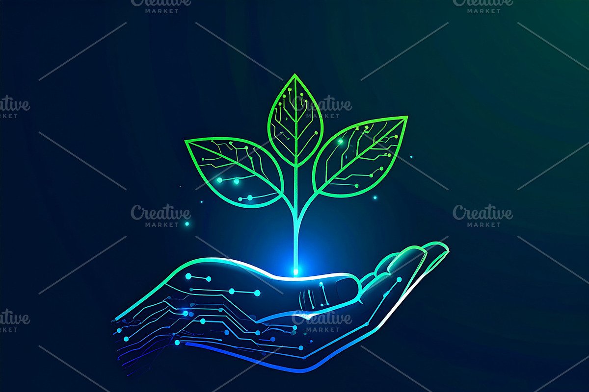 Hand protecting a glowing digital sprout with circuit patterns o, a Technology Illustration by DanFLCreativo
