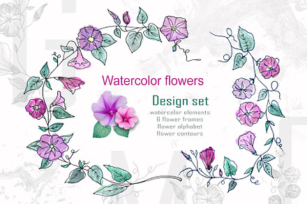 Spring floral alphabet. Graphic set.