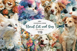 Floral Cat and Dog Clipart Bundle, a Seasonal Illustration by CreationArt