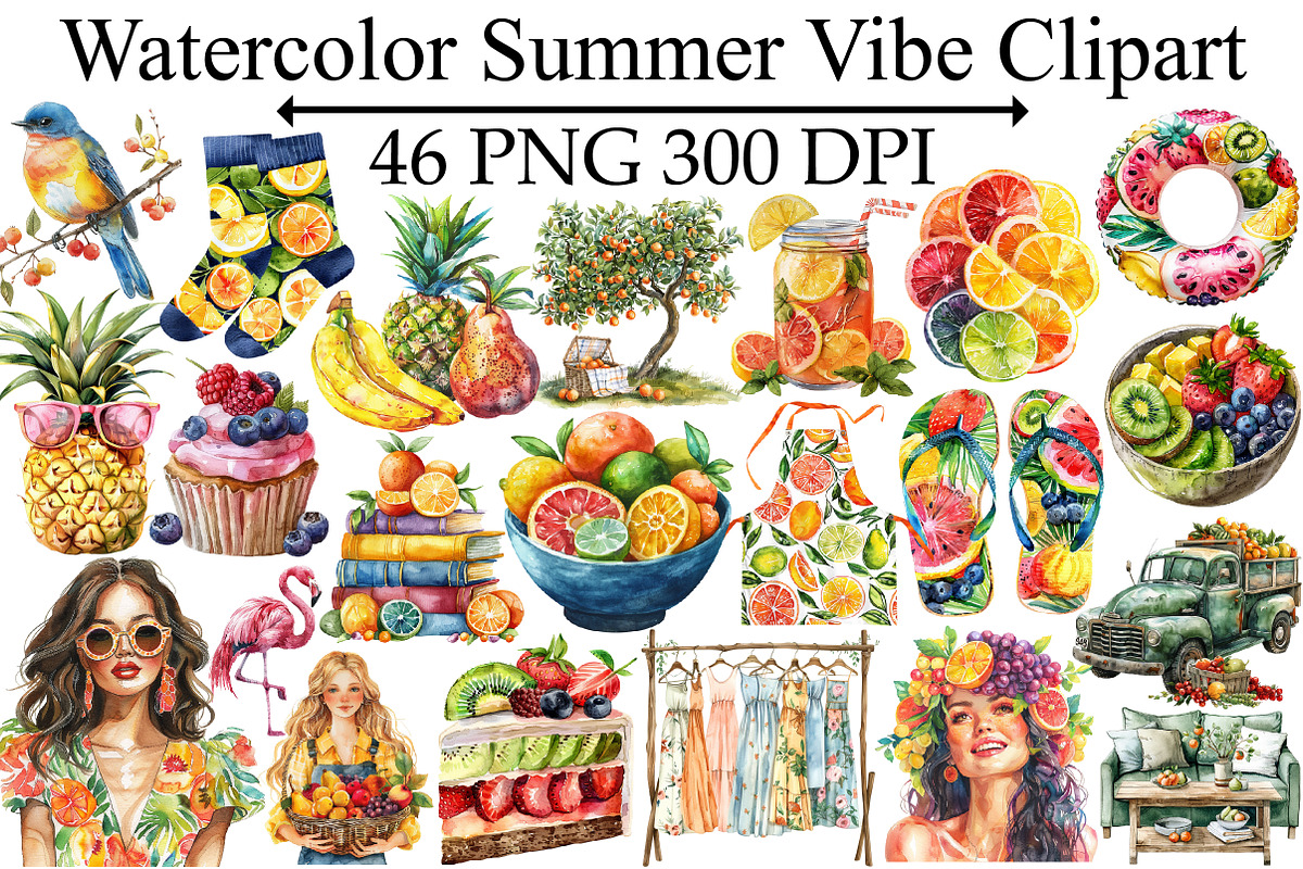 Watercolor Summer Vibe Clipart, an Illustration by Design Market (Photo 1 of 5)