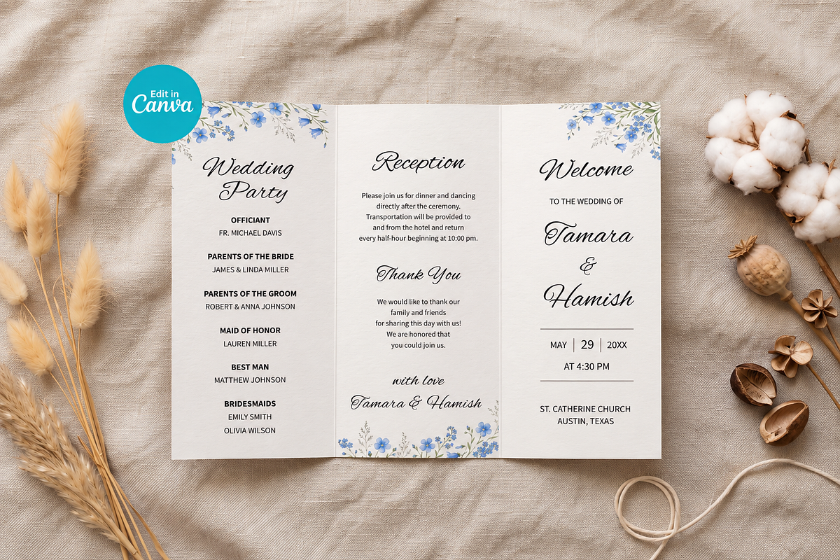 Blue Floral Wedding Program, an Invitation Template by Arslan (Photo 1 of 4)