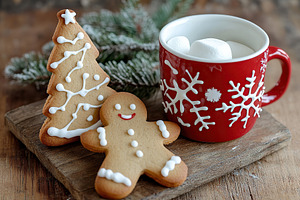 Christmas gingerbread man cookie and red cup with white marshmal, a Food & Drink Photo by AlyaAnd