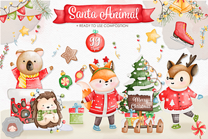 Watercolor Christmas Santa Animals