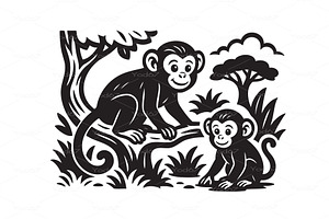Vector of two monkeys in a jungle, an Animal Illustration by yod67