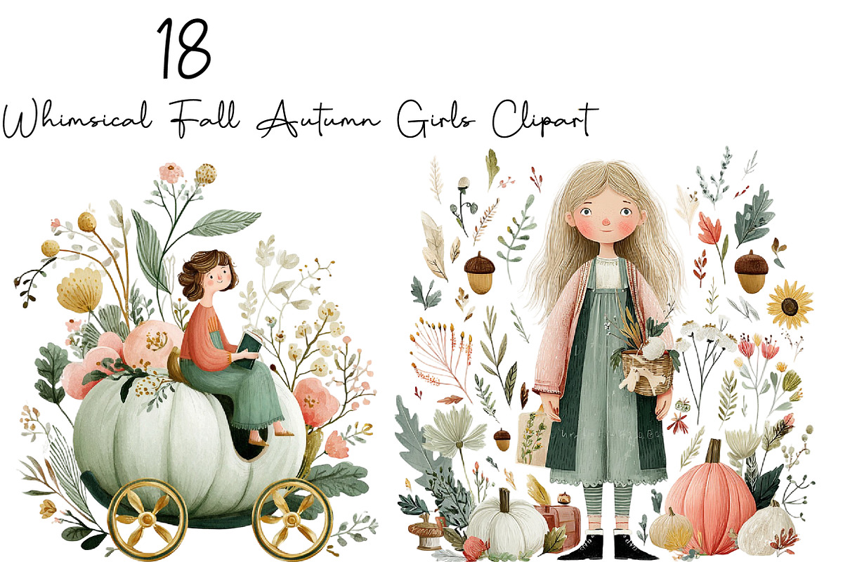 Whimsical Fall Autumn Girls Clipart, a Seasonal Illustration by DreamArtGraphic (Photo 1 of 5)
