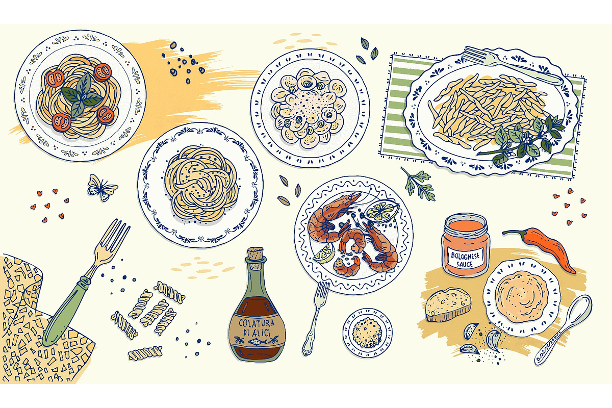 Hand drawn italian pasta food set, a Food Illustration by Zimages (Photo 1 of 3)