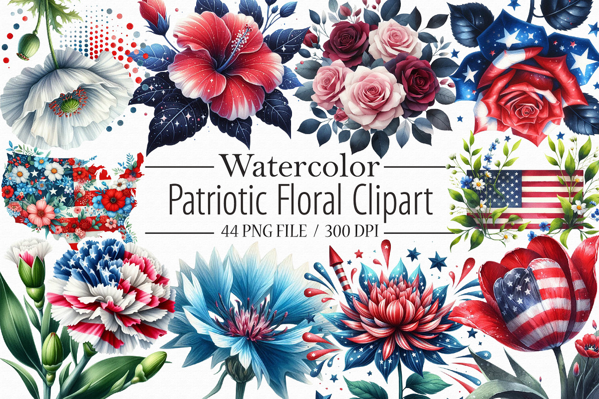 Watercolor Patriotic Floral Clipart, an Illustration by Libby Wishes (Photo 1 of 12)