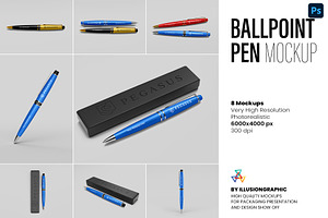Ballpoint Pen Mockup - 8 views, a Pens & Pencil Mockup by Illusiongraphic