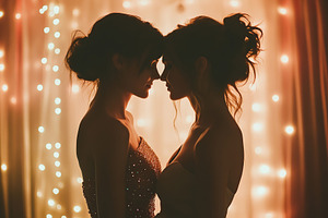 Two women share a tender moment illuminated by soft lights during a festive eve, a Photo by AlyaAnd