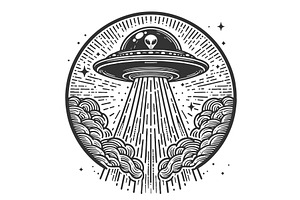 UFO with Beam of Light engraving, a Transportation Illustration by AlexArt