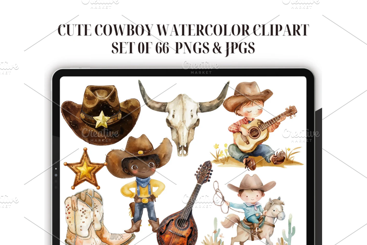 Watercolor Cute Cowboy Clipart, an Illustration by CraftCrateShop (Photo 1 of 8)