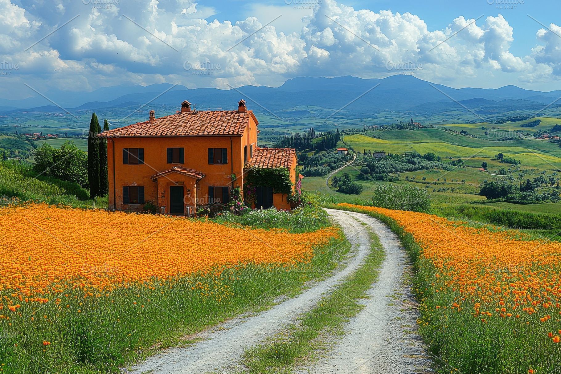 Vibrant orange flowers line the path, a Photo by Tanuart