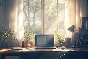 Sunlit workspace featuring a laptop, a Photo by Iftikhar Alam