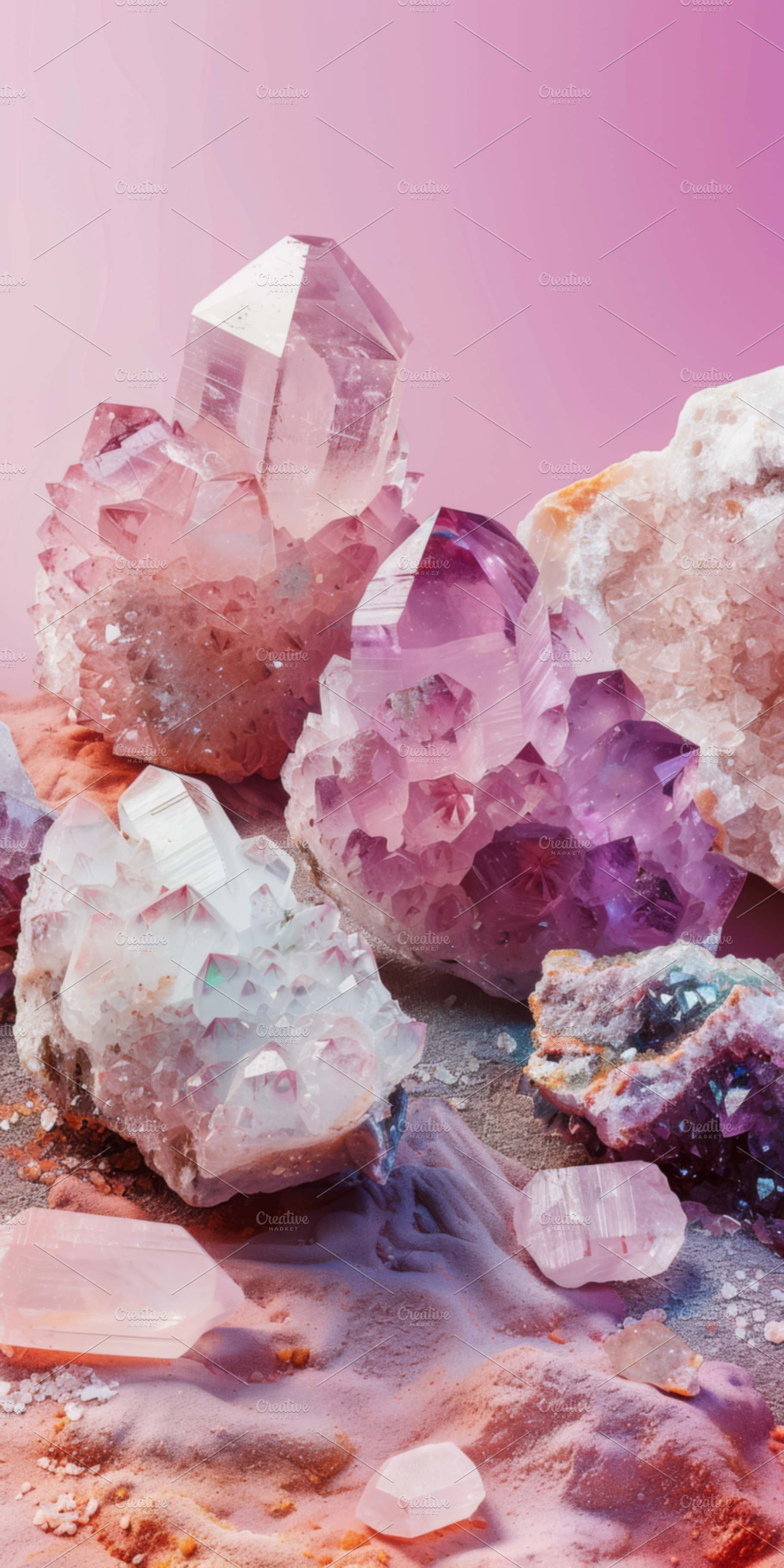 Pink and Purple Crystals on Sand with Gradient Background, an Abstract Photo by Natalia Klenova's Shop