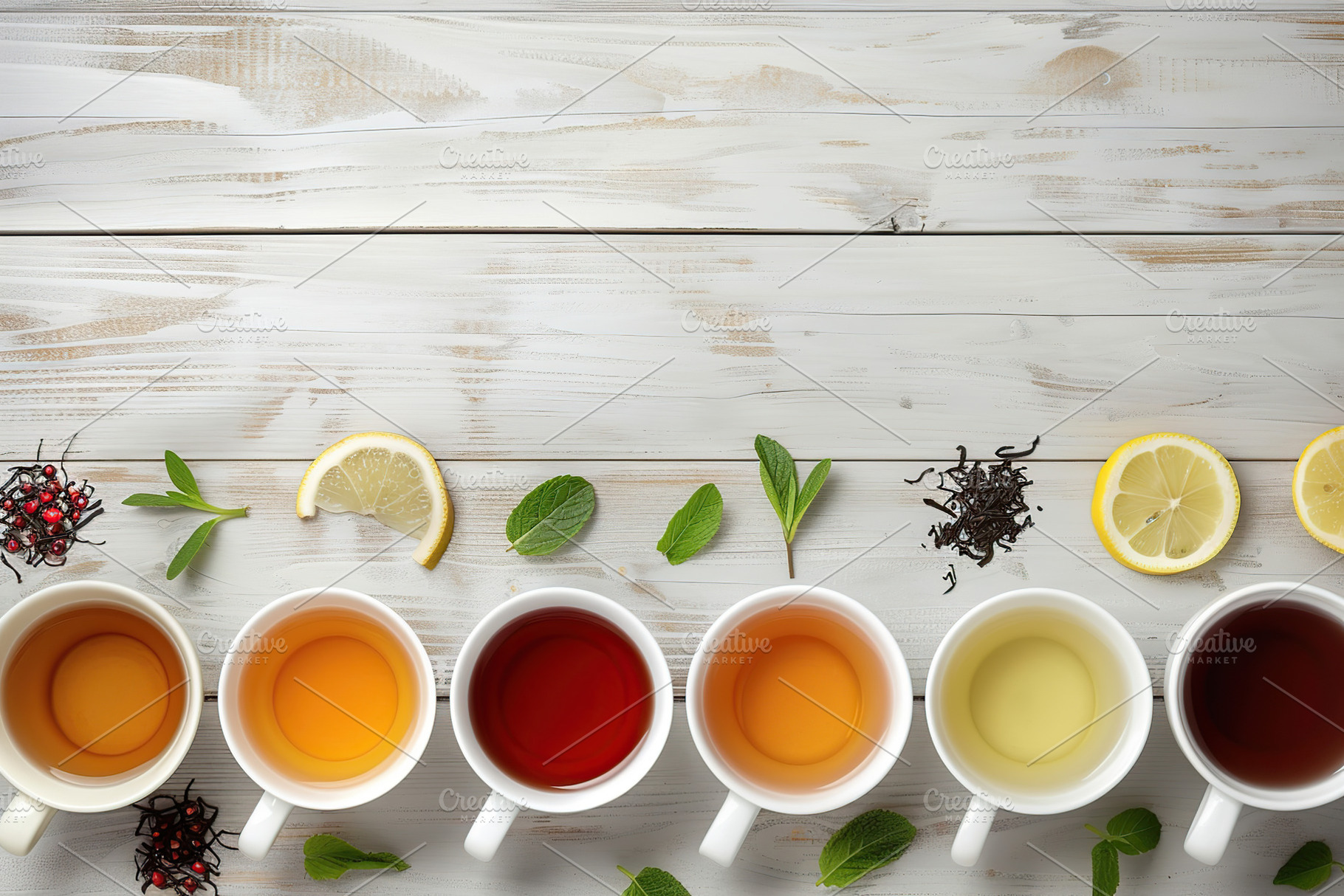 Flat lay of different cups of aromatic tea with copyspace on whi, a Food & Drink Photo by AlyaAnd