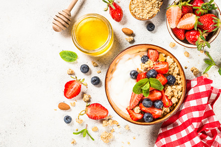 Greek yogurt granola with fresh containing yogurt, granola, and berries, a Food & Drink Photo by Nadia-nb