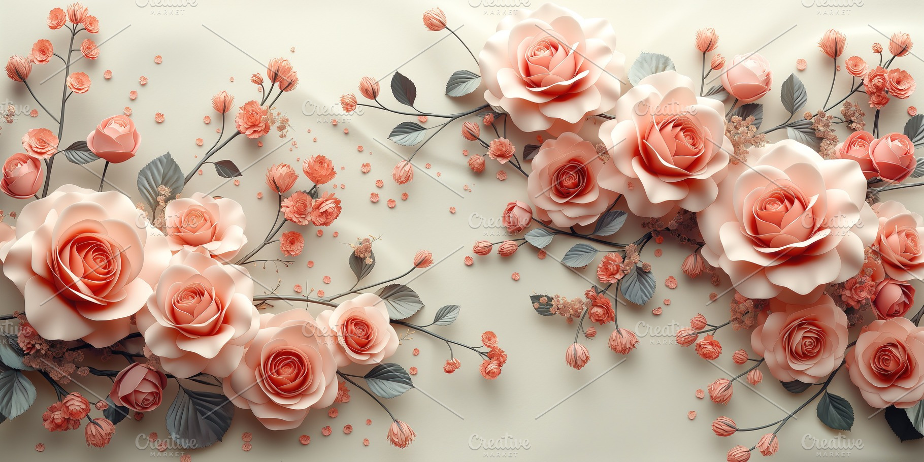 Delicate arrangement of soft pink and coral roses with lush foliage on a smooth, a Business Photo by ImageMir