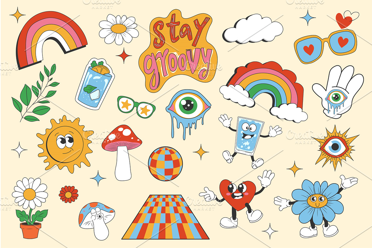 Vintage Groovy Elements, an Illustration by alexdndz