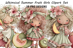 Whimsical Summer Fruit Girls Clipart, an Illustration by Daily.Designs