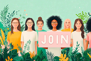 Seven women holding a join sign standing in a vibrant garden setting, an Illustration by AS photostudio