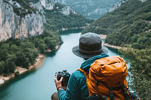 A hiker sits on a rocky ledge overlooking a serene river surrounded by mountain, a Person Photo by Textures & Backgrounds