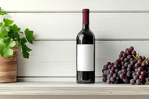 Red wine bottle with grapes and greenery on wooden shelf, a Food & Drink Photo by AlyaAnd